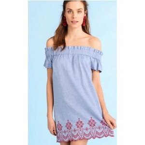 Vineyard Vines Dress Off Shoulder Red Embroidered Oxford Preppy Small Cotton